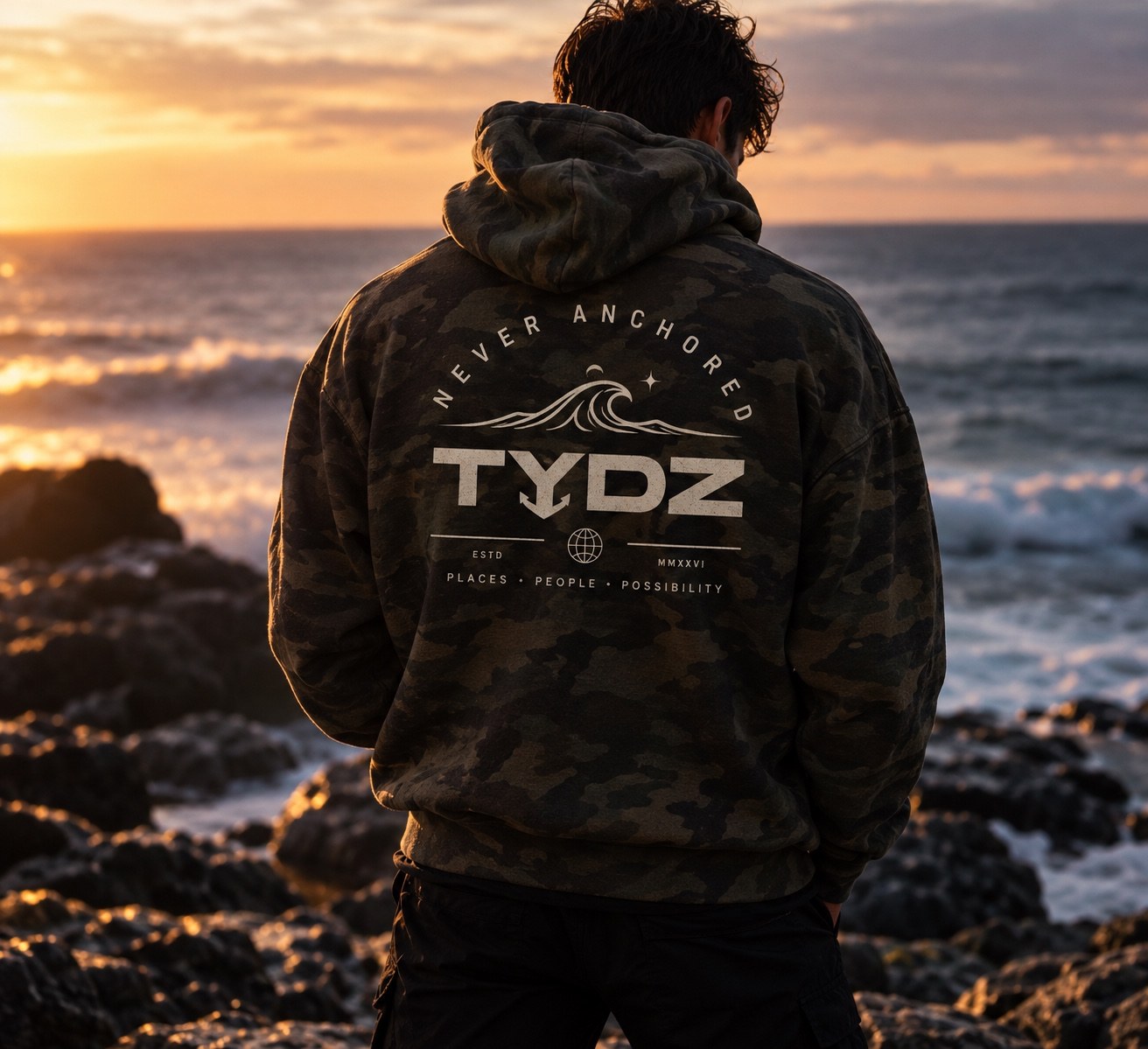 TYDZ camouflage hoodie concept beside the coast