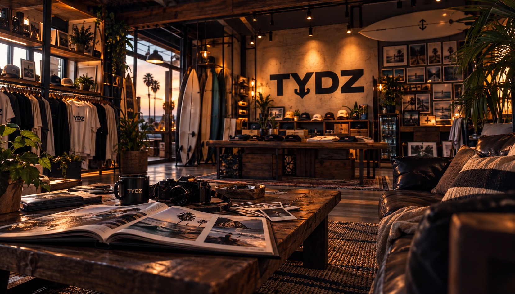 Warm TYDZ coastal lifestyle shop lounge with surfboards, a camera and photo album